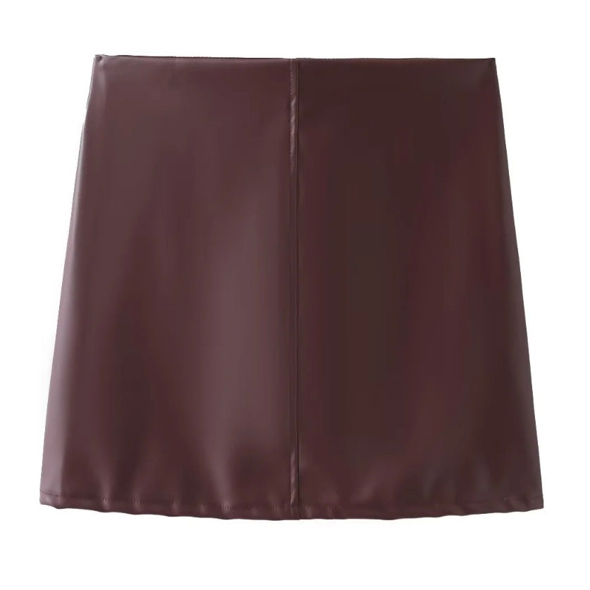 Women's Turndown Collar Button Pu Jacket Mini Skirt Two-Piece Set 9