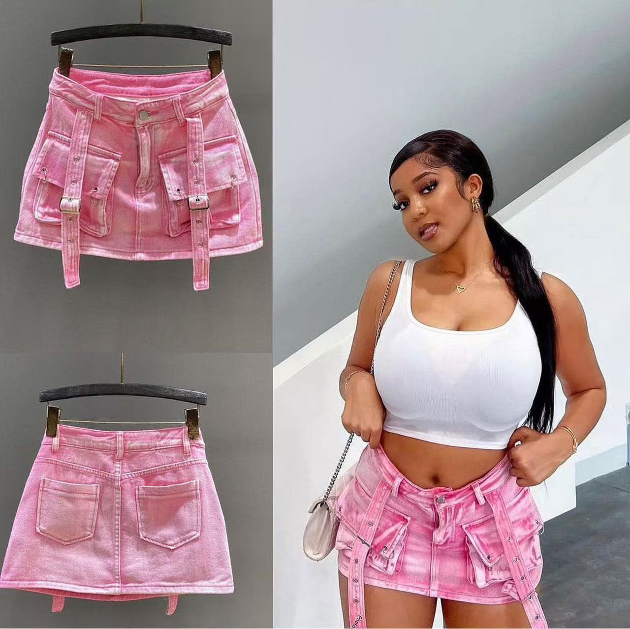 Women retro Top and pink pocket Lace-Up Cargo short skirt two-piece set