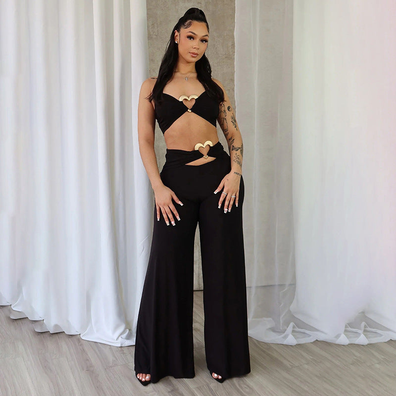 Women Spring and Summer Lace-Up Halter Neck Strapless Top and Gathered Pants Two-Piece Set