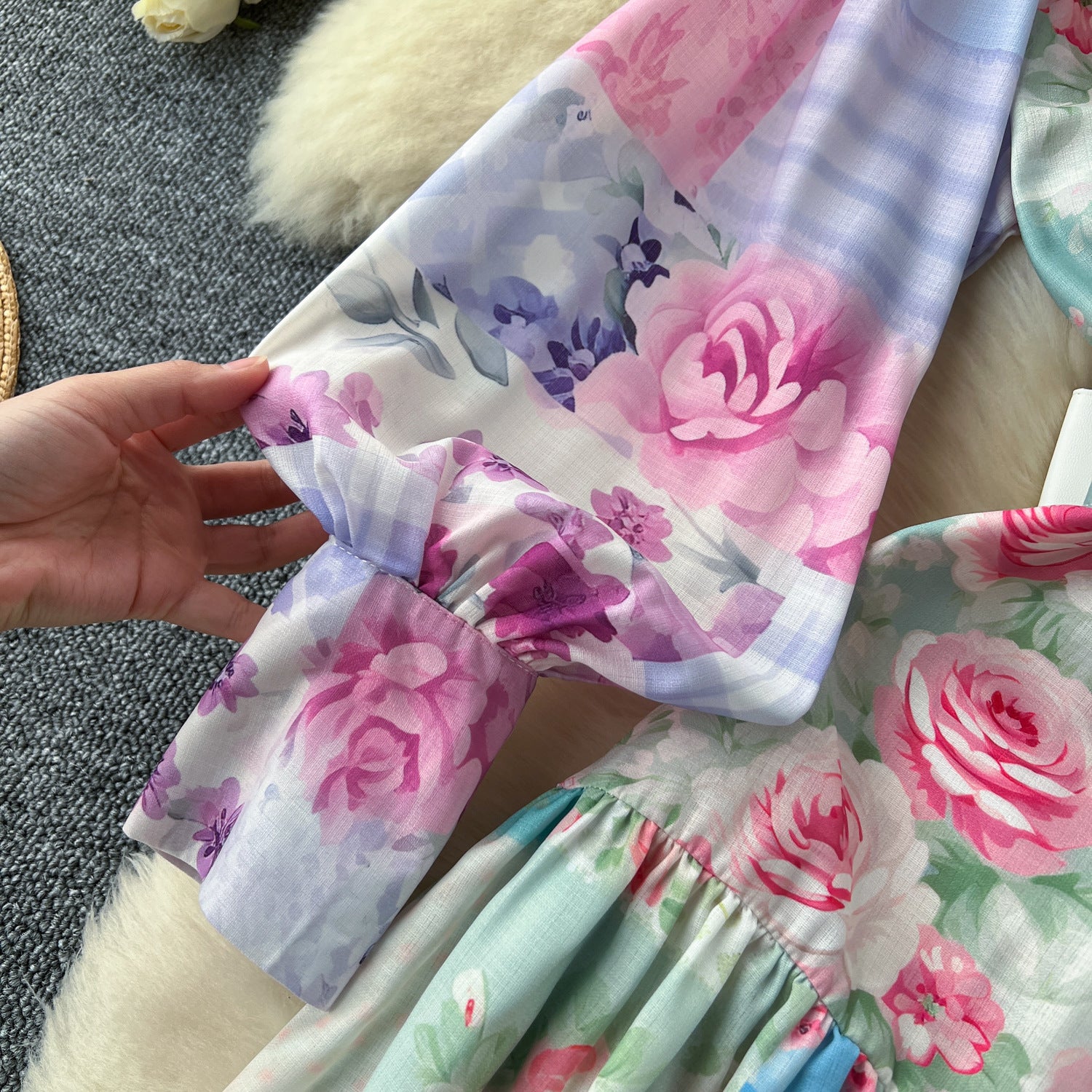 Women Stand Collar Lantern Long Sleeve Ruffle Printed Dress 9