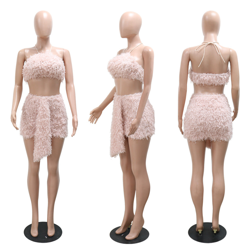 Fashionable Solid Color Halter Crop Top Mini Skirt Two-Piece Set 15