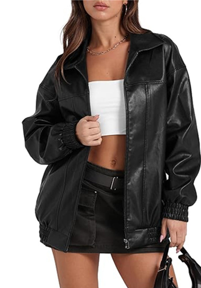 Women Long Sleeve Turndown Collar Zipper Pocket Casual Windbreaker Pu Leather Jacket