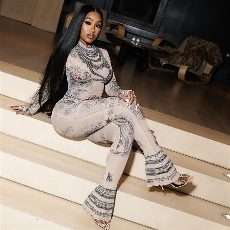Women mesh printed high-waisted Bell Bottom jumpsuit 4