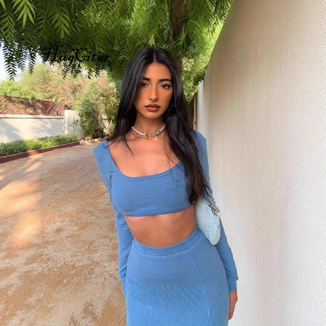 Fashion Women's Rib Long Sleeve Camisole Top Sexy Slit Tight-Fitting Bodycon Short Skirt Set 8