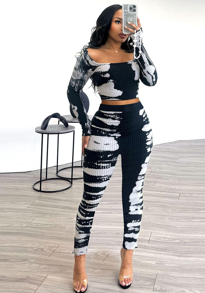 Sexy Printed Slim Fit Stretch Ribbed Two-Piece Pants Set