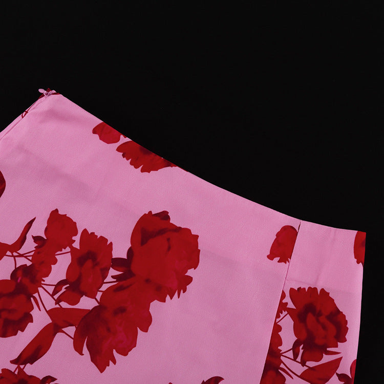 Fashion Print Turndown Collar Long Sleeve Shirt High Waist Split Short Skirt Two Piece Set 14