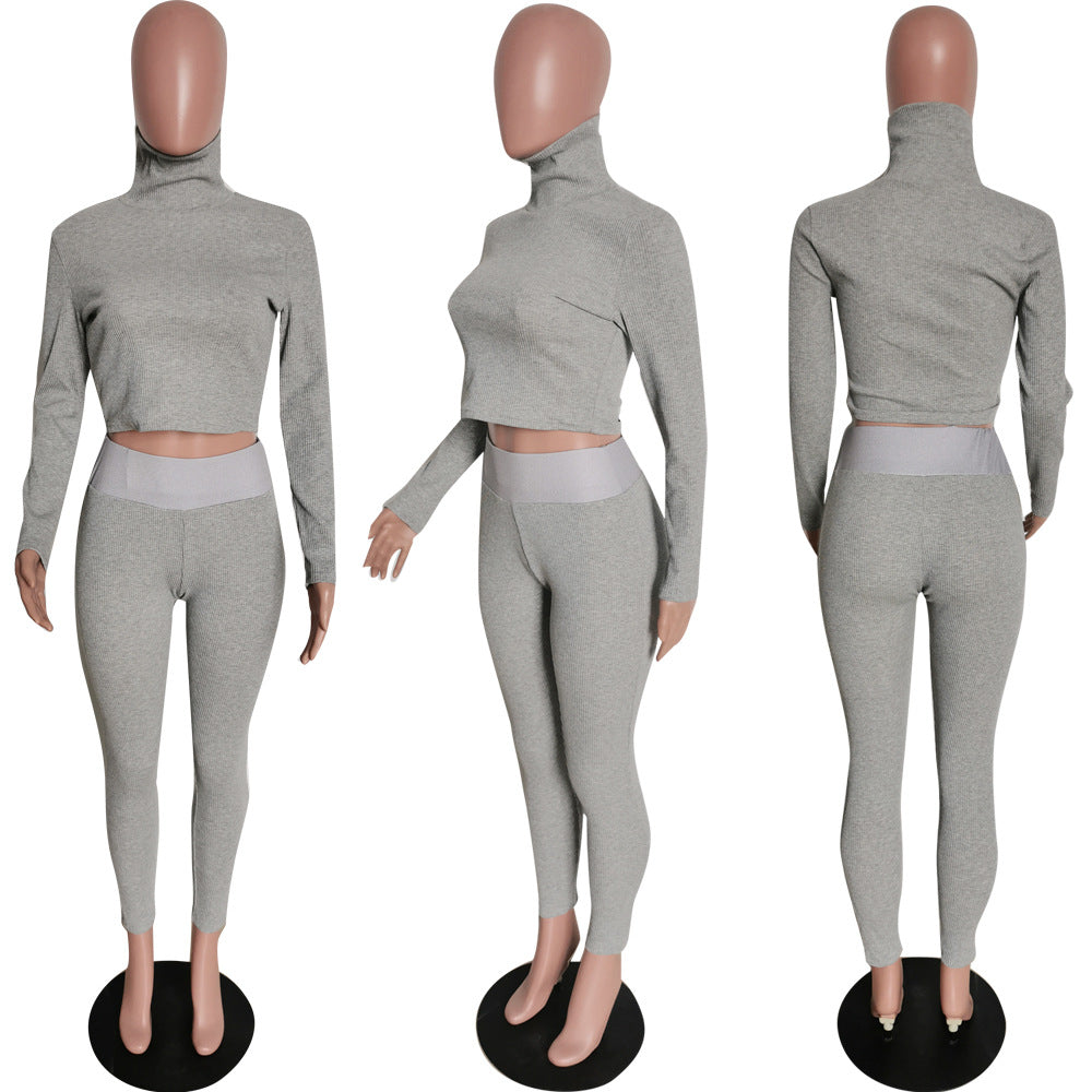 Women's Winter Fashionable solid knitting Long Sleeve Two Piece Pants set 8