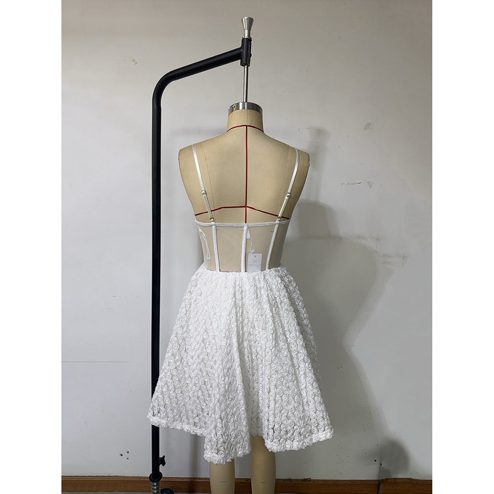 Women's Strap Floral A-Line Mini Wedding Dress 11