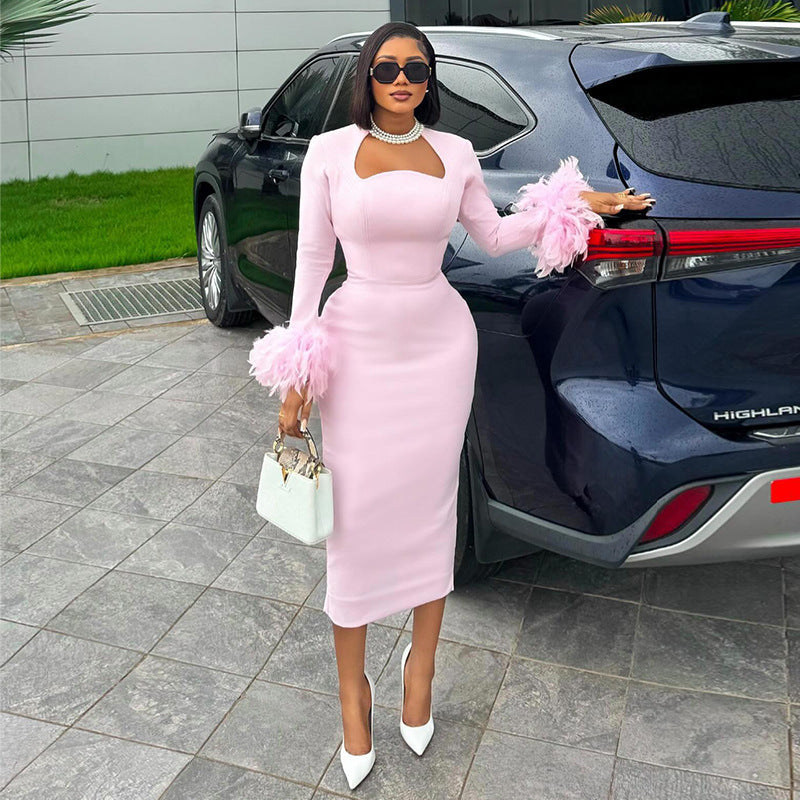 Women's autumn square neck feather long sleeve  high waist Slim midi dress 6