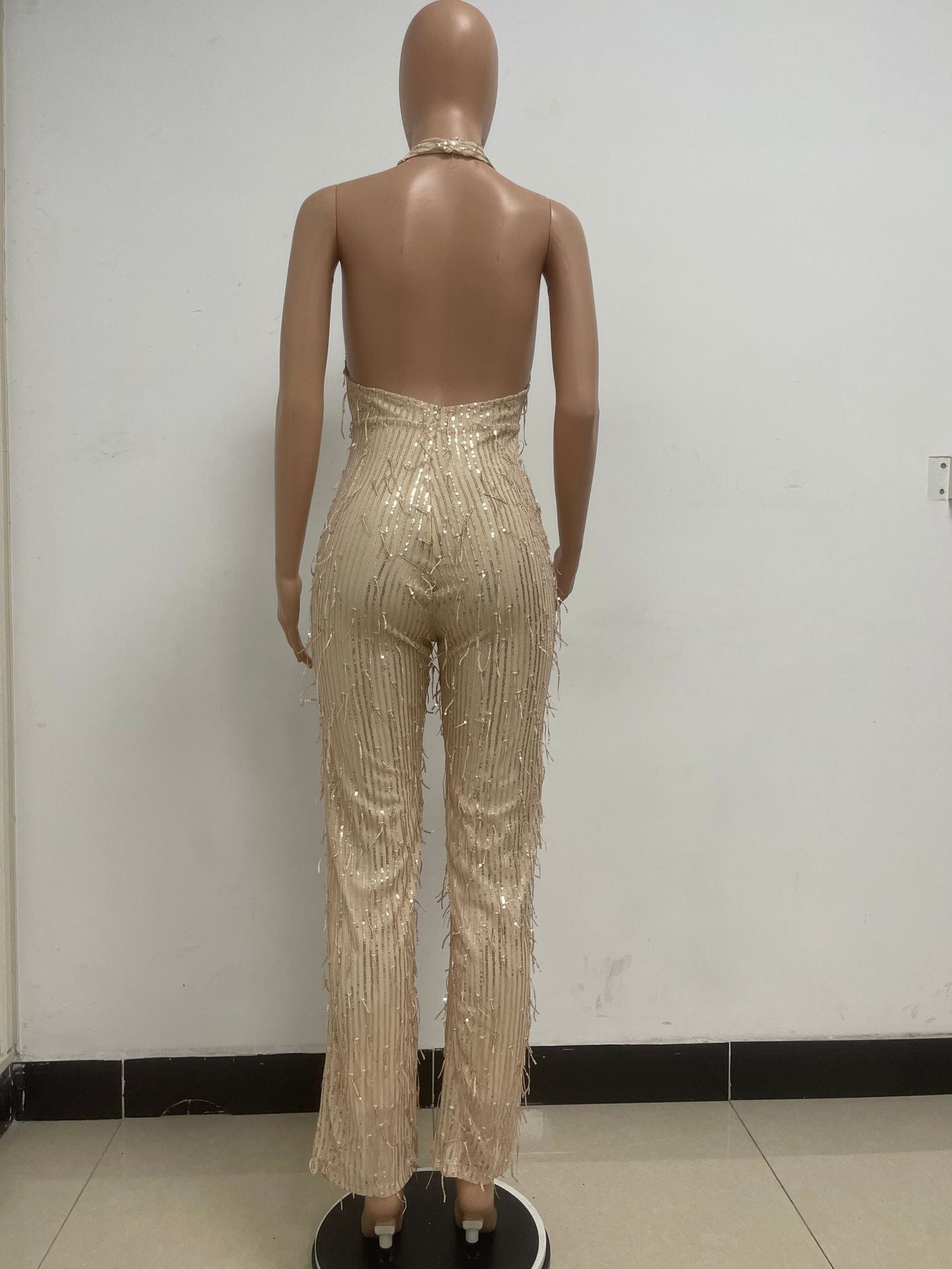 Women's Sleeveless Deep V Halter Neck Low Back Sequin Jumpsuit T 37