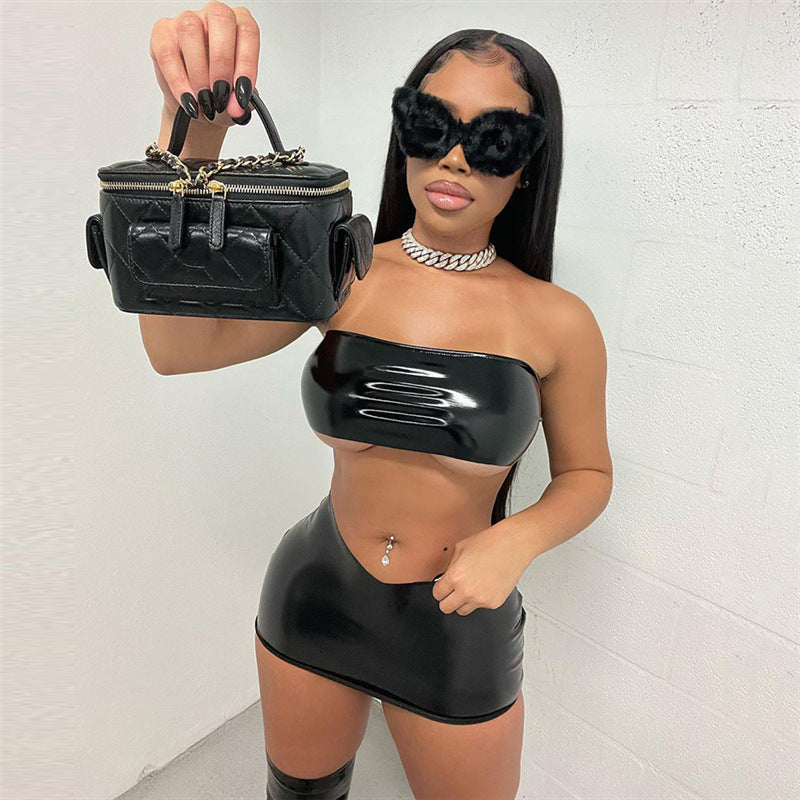 Women sexy Strapless Crop Top and Bodycon Skirt Two Piece Set 4