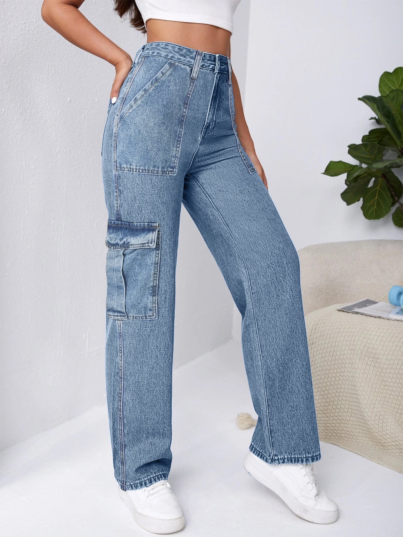 Women Fashion Style Denim Straight Cargo Pants Casual Jeans 5
