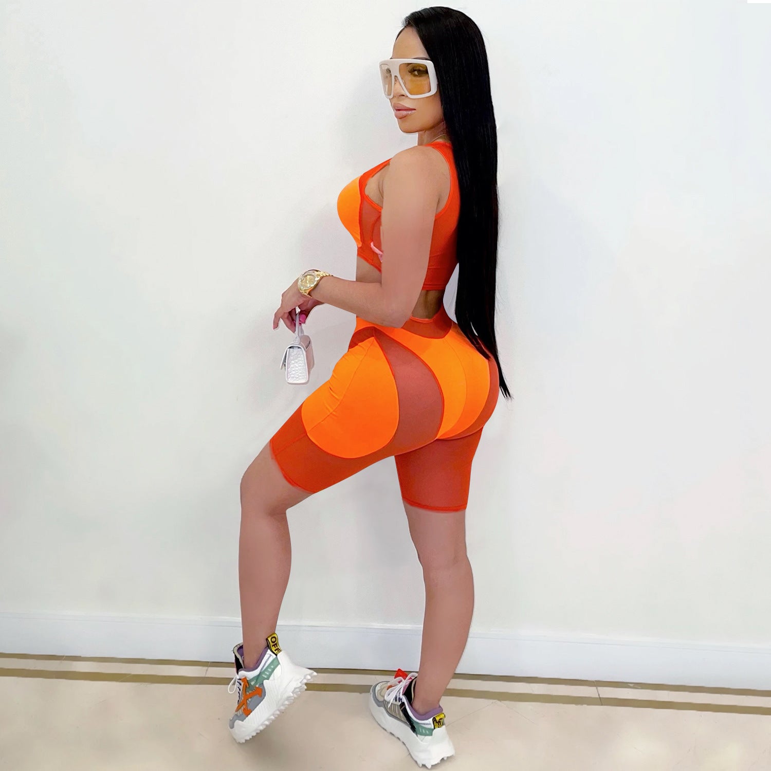 Women casual solid mesh color-blocking Top and Shorts Two Piece Set 7