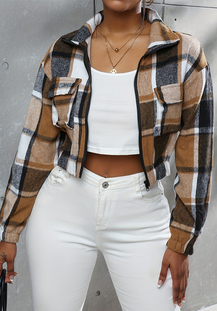 Casual Plaid Short Long-Sleeved Jacket