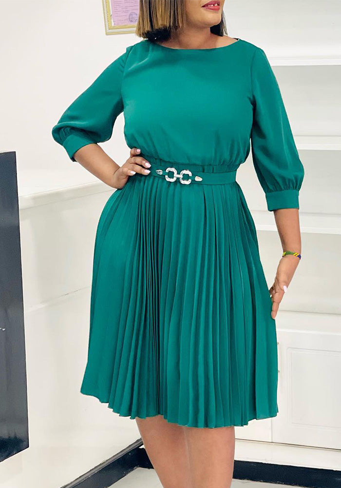 Women's Chic Fashion Elegant Round Neck Three-Quarter Sleeve Pleated African Dress