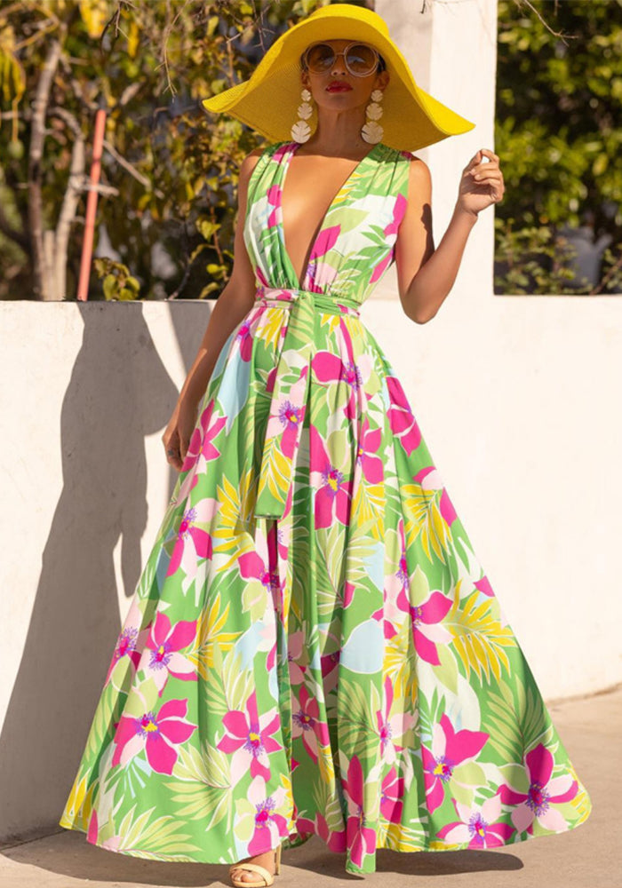 Summer Women's V-Neck Printed High Waist Belt Swing Maxi Dress
