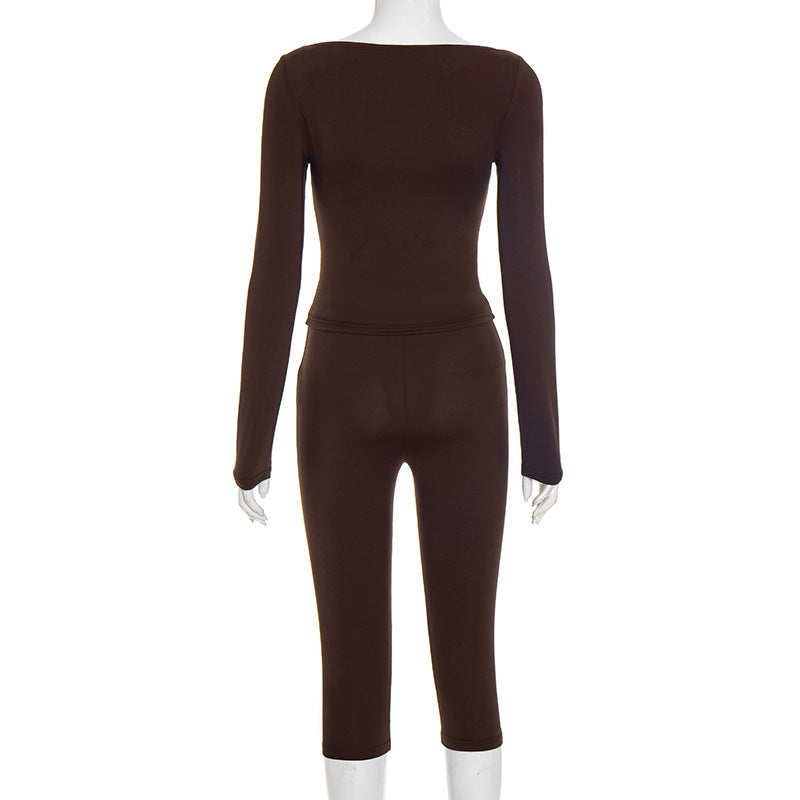 Irregular Slash Shoulder Long Sleeve Top and Solid Capri Two-Piece Set 9