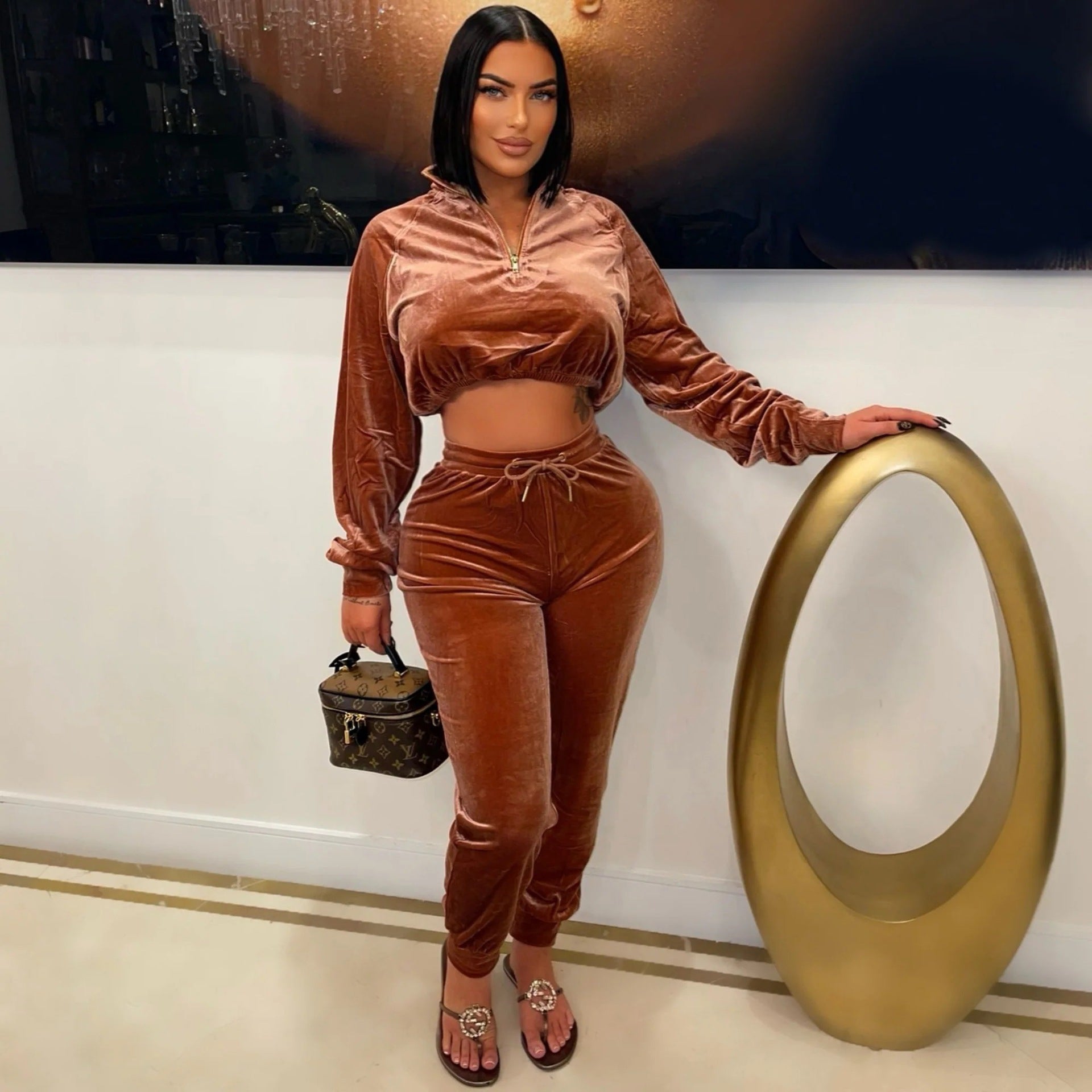 Women Casual sports Casual Veet Top and Pant two-piece set 3