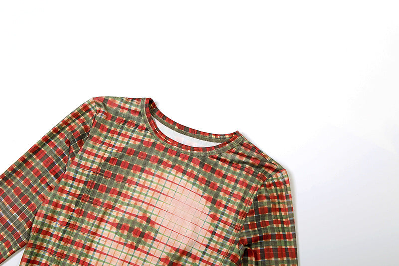 Women's Autumn Slim Fit Check Print Long Sleeve Bodycon Short Dress 12