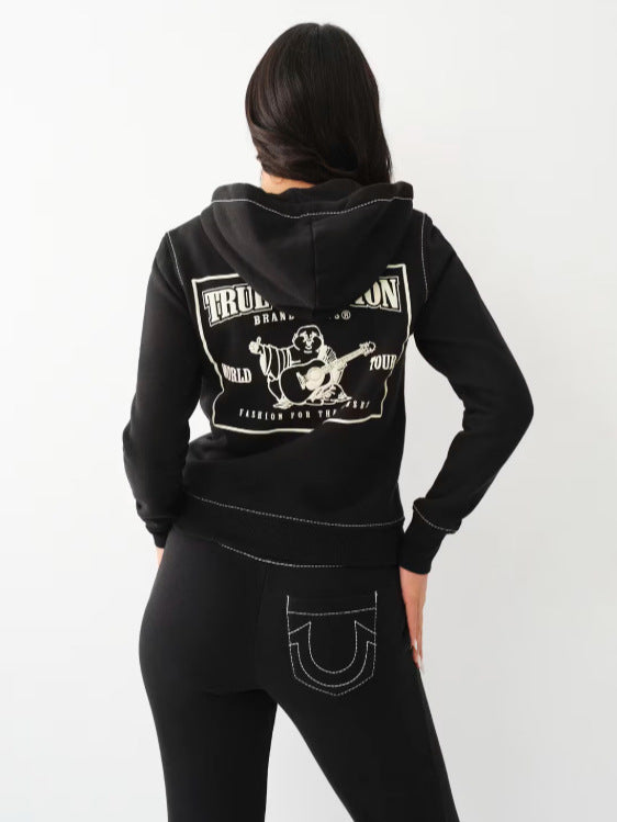 Women American Zippered Letter Print Hoodies and Pant Two-Piece Set 7