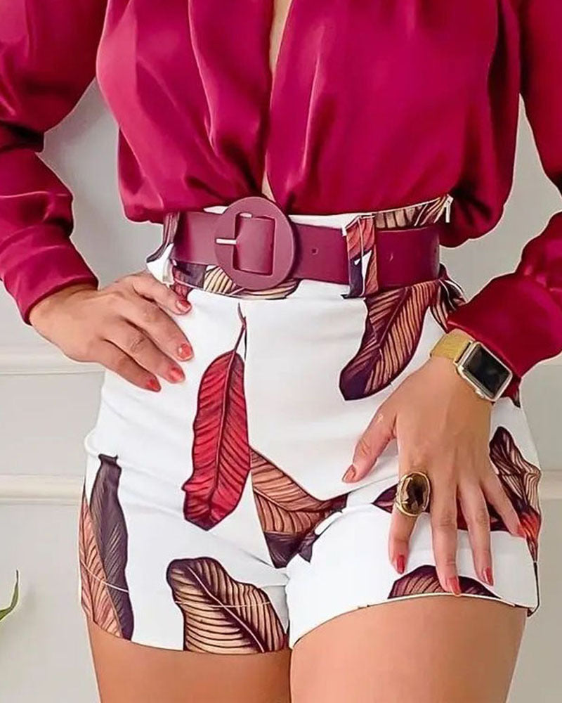 Spring Women's Casual Suit V-Neck Long Sleeve Solid Color Shirt Top Printed Shorts Two-Piece Set 10