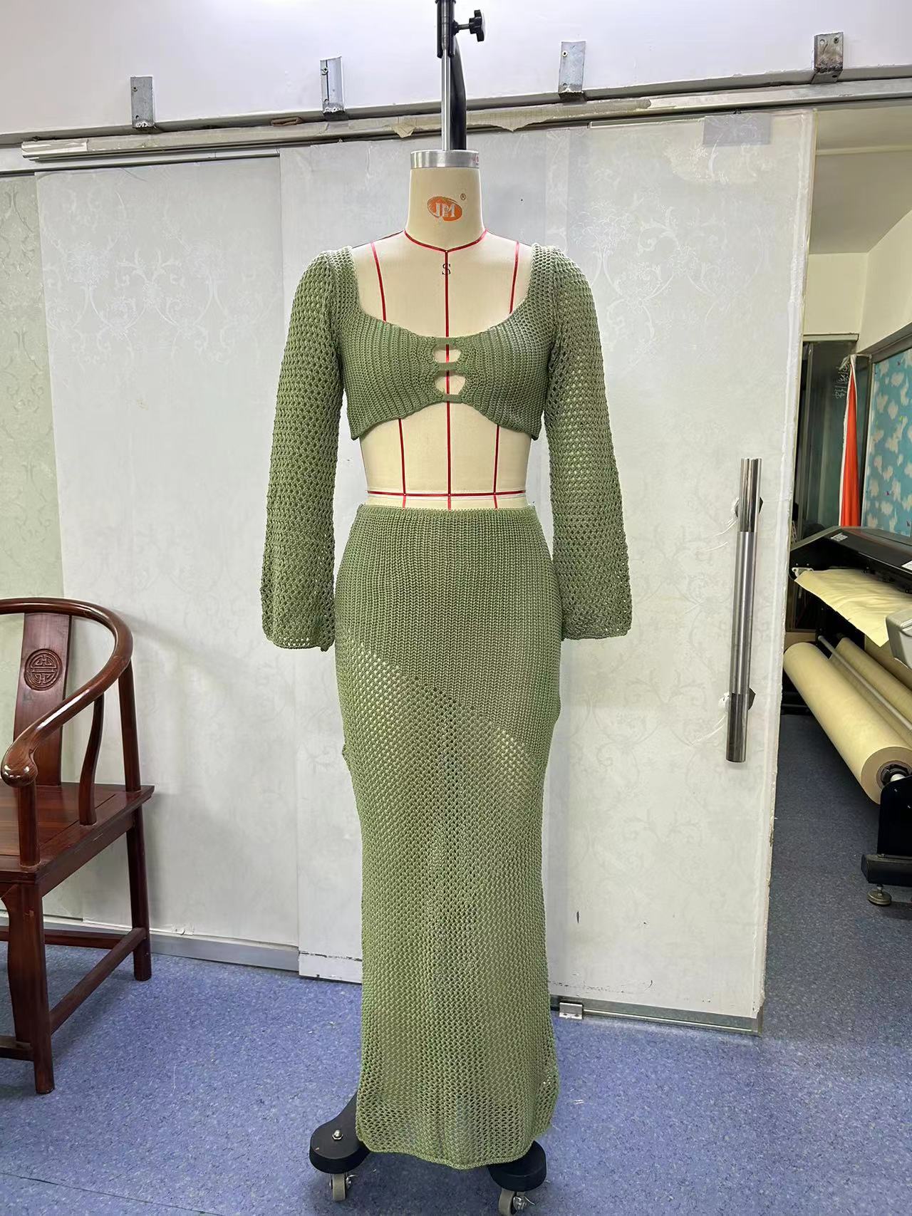 Summer Women's Crochet Long Sleeve Crop Top Casual Knitting Long Skirt Two Piece Set 13