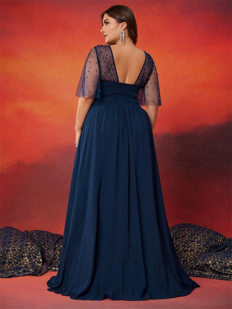 Women Beaded Lace Patchwork Chiffon Short Sleeve V Neck Elegant Dinner Ball Evening Dress 4