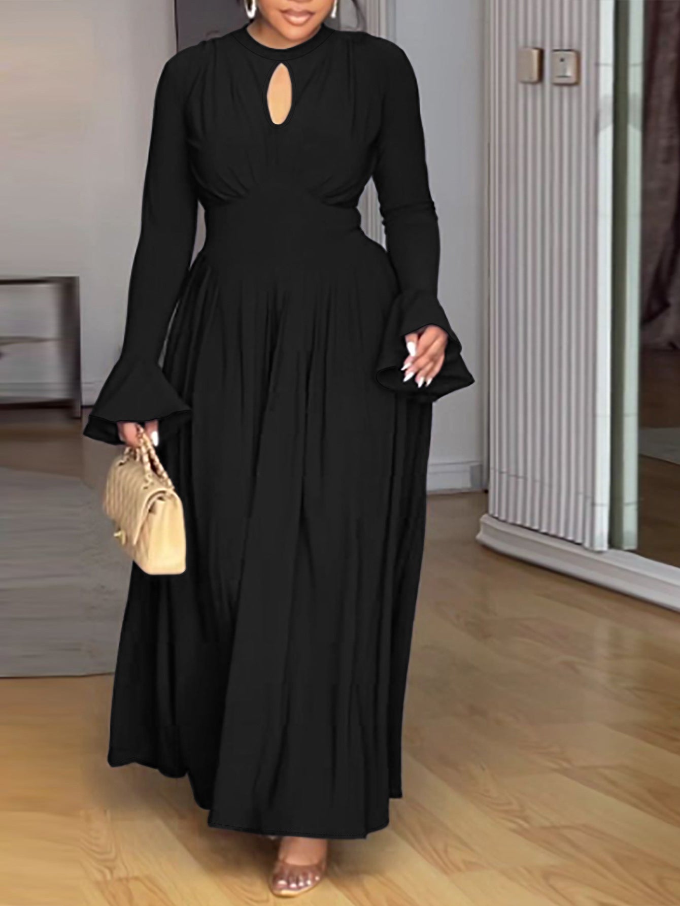 Plus-Size Women Black Elegant Bell Bottom Long-Sleeved Maxi Dress 4