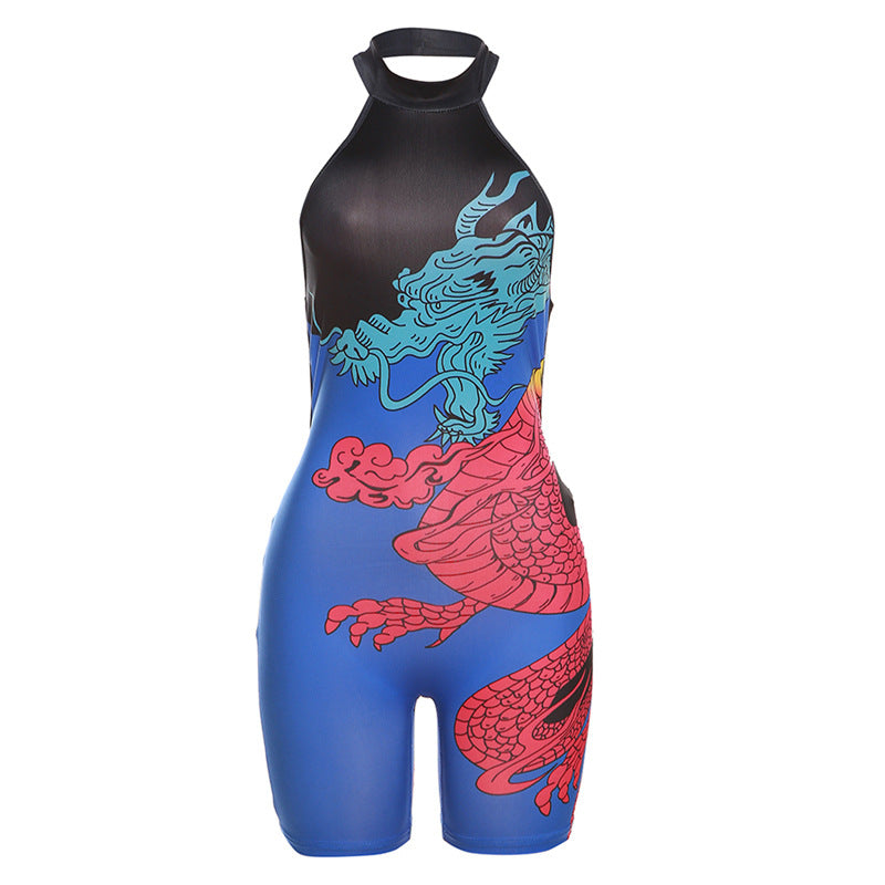 Summer Women's Fashion Halter Neck Sexy Low Back Slim Print Contrast Jumpsuit 7