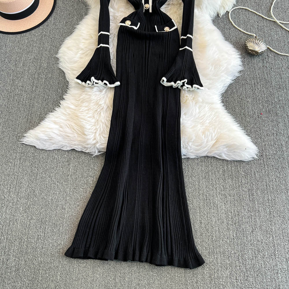 Winter Turndown Collar Knitting Dress Women Long Sleeve Fashion Chic Slim Waist Sweater Dress 22