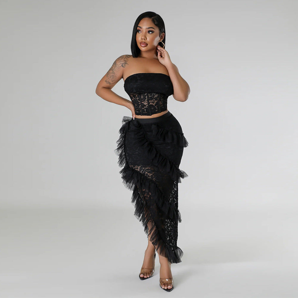 lace Strapless top irregular skirt solid color women two-piece set 5