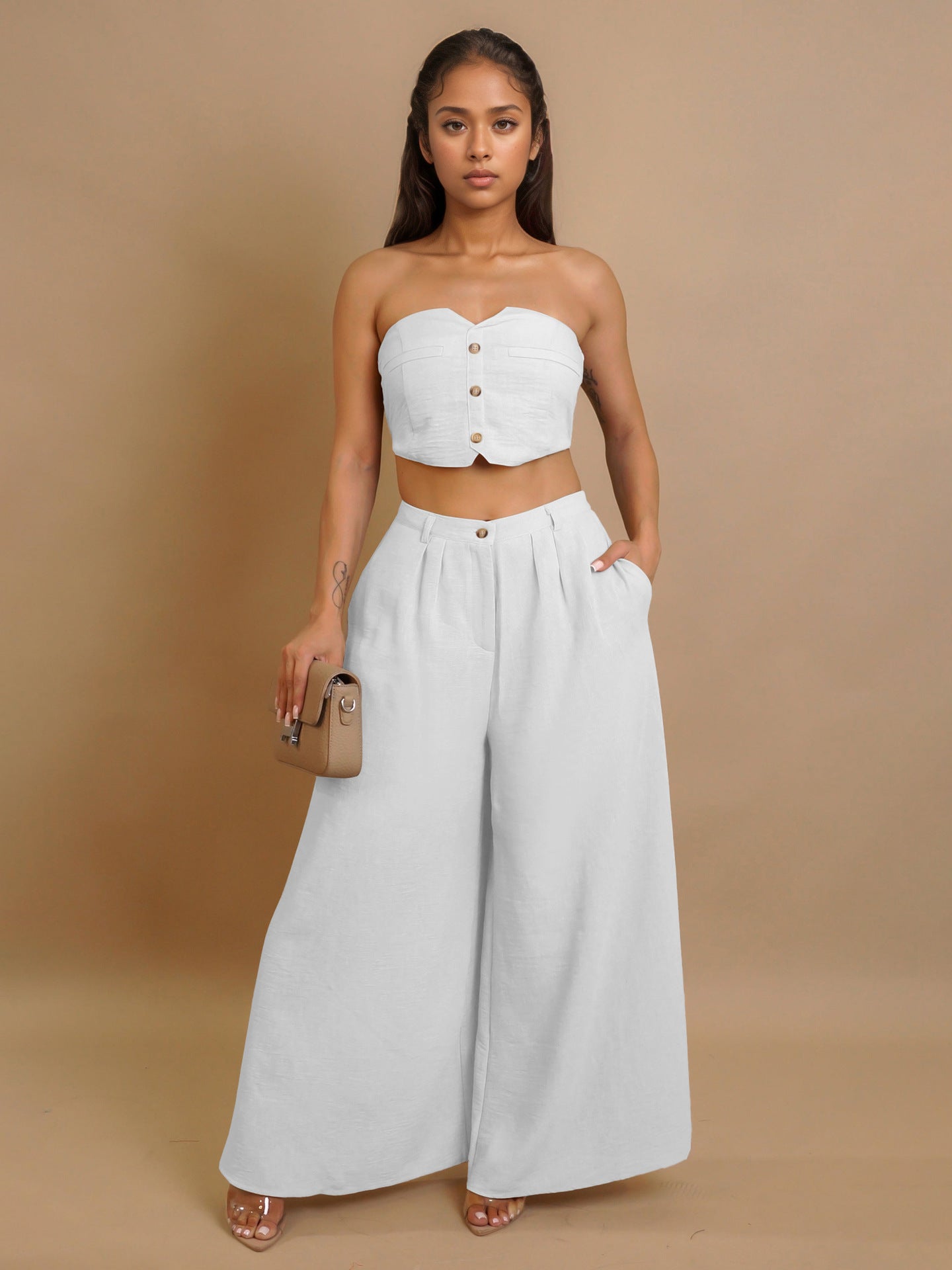 Women sexy sretchy strapless vest and wide-leg pants two-piece set 9