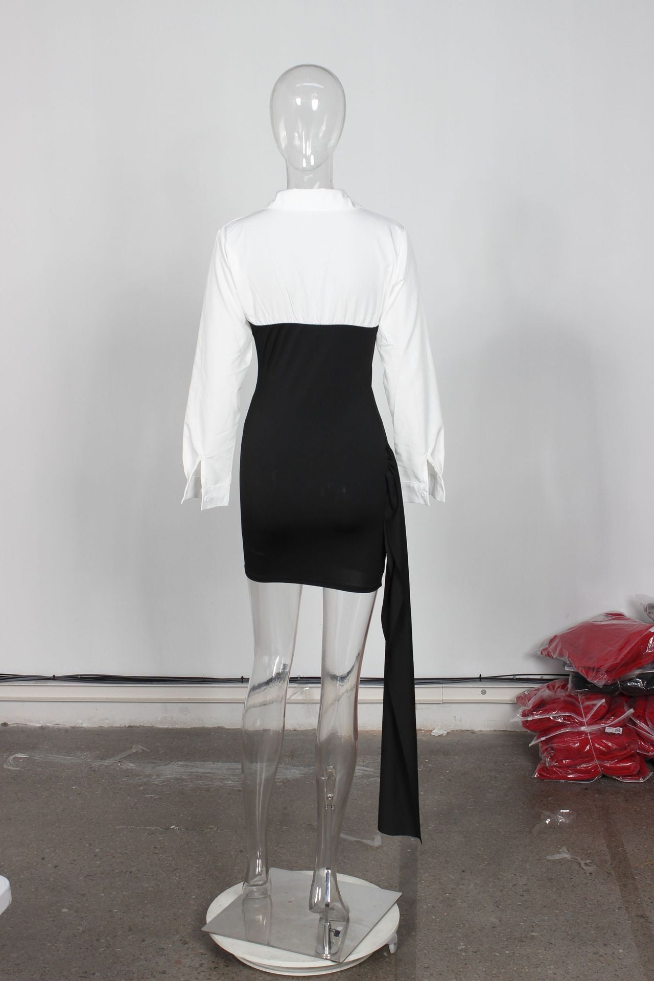 Autumn Fashion Sexy Chic Contrast Color Patchwork Turndown Collar Women Dress 9