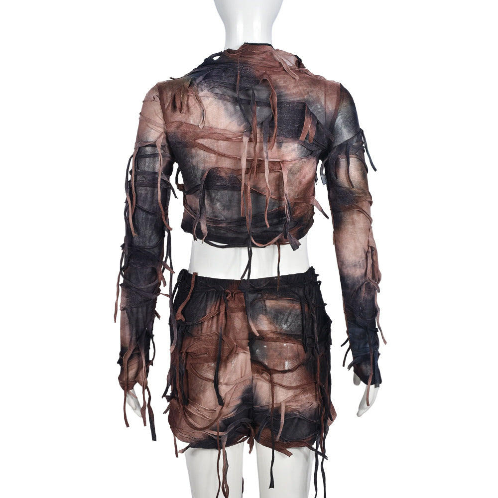 Fringed Ripped Long Sleeve Round Neck Top Sexy Shorts Set 11