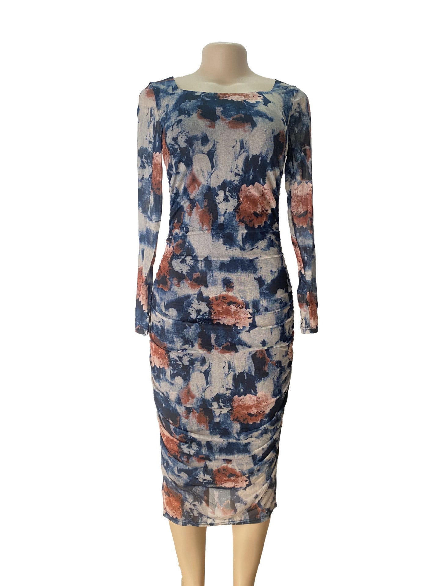 Women Mesh Print Retro Pleated Slit Bodycon Maxi Dress 4