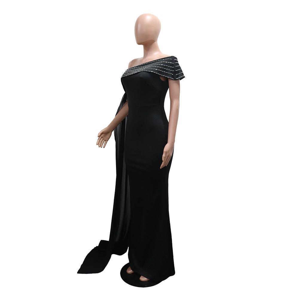 Women's Slash Shoulder Beaded Sexy Slim Fit Long Dress 9