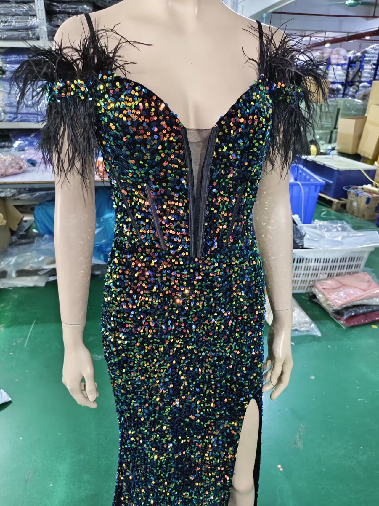 Women Herringbone ostrich velvet sequined mermaid evening dress 19