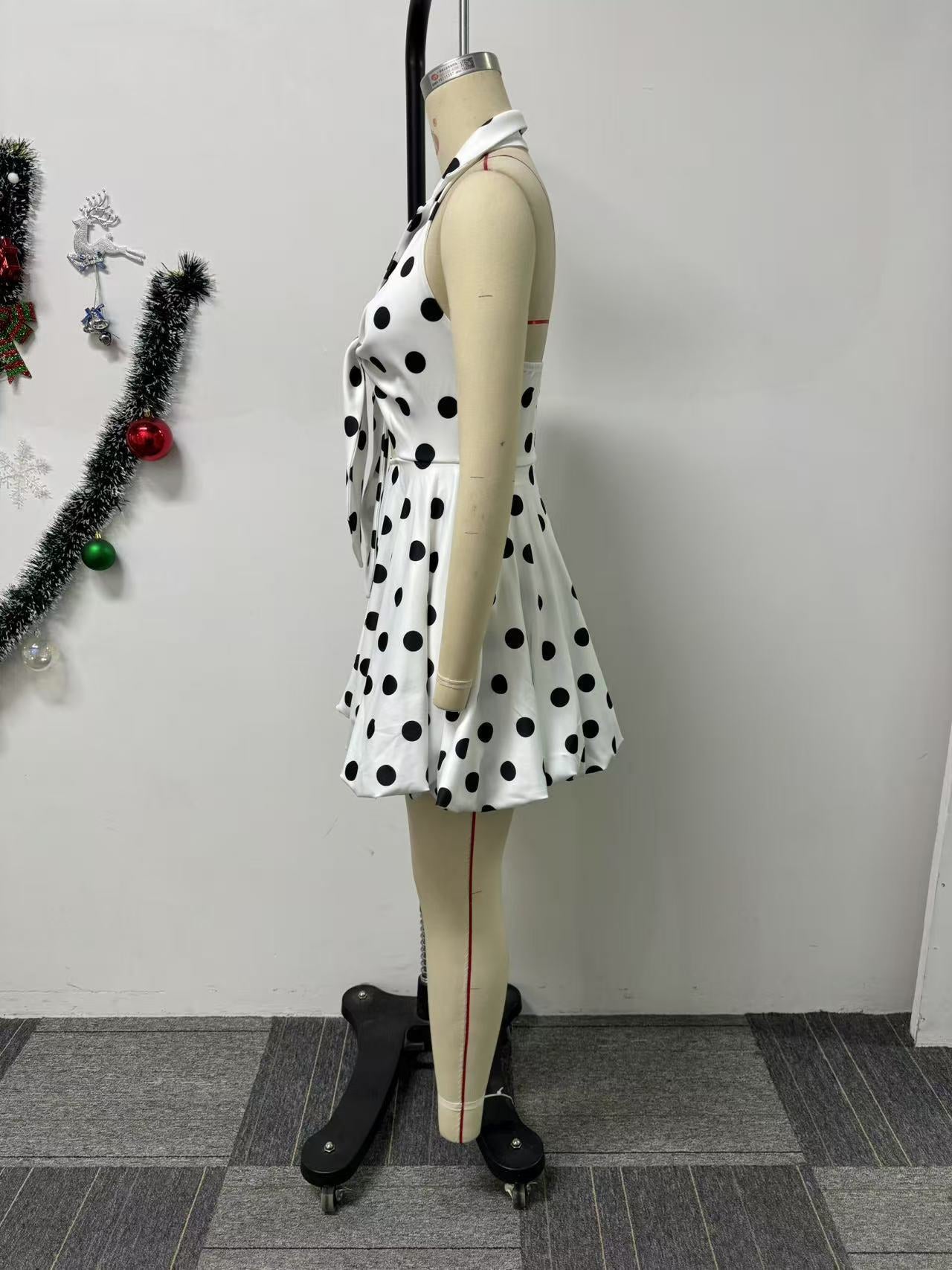 Spring Elegant Polka Dot Print Lace-Up Turndown Collar Halter Bubble Dress 6