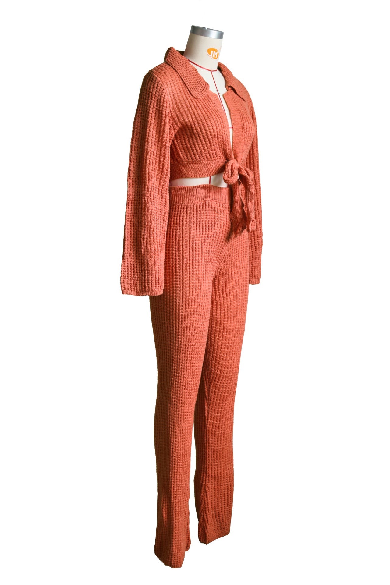 Women's Fashion Casual Bell Bottom Solid Color Knitting Tied Sweater Pants Two Piece Set 13