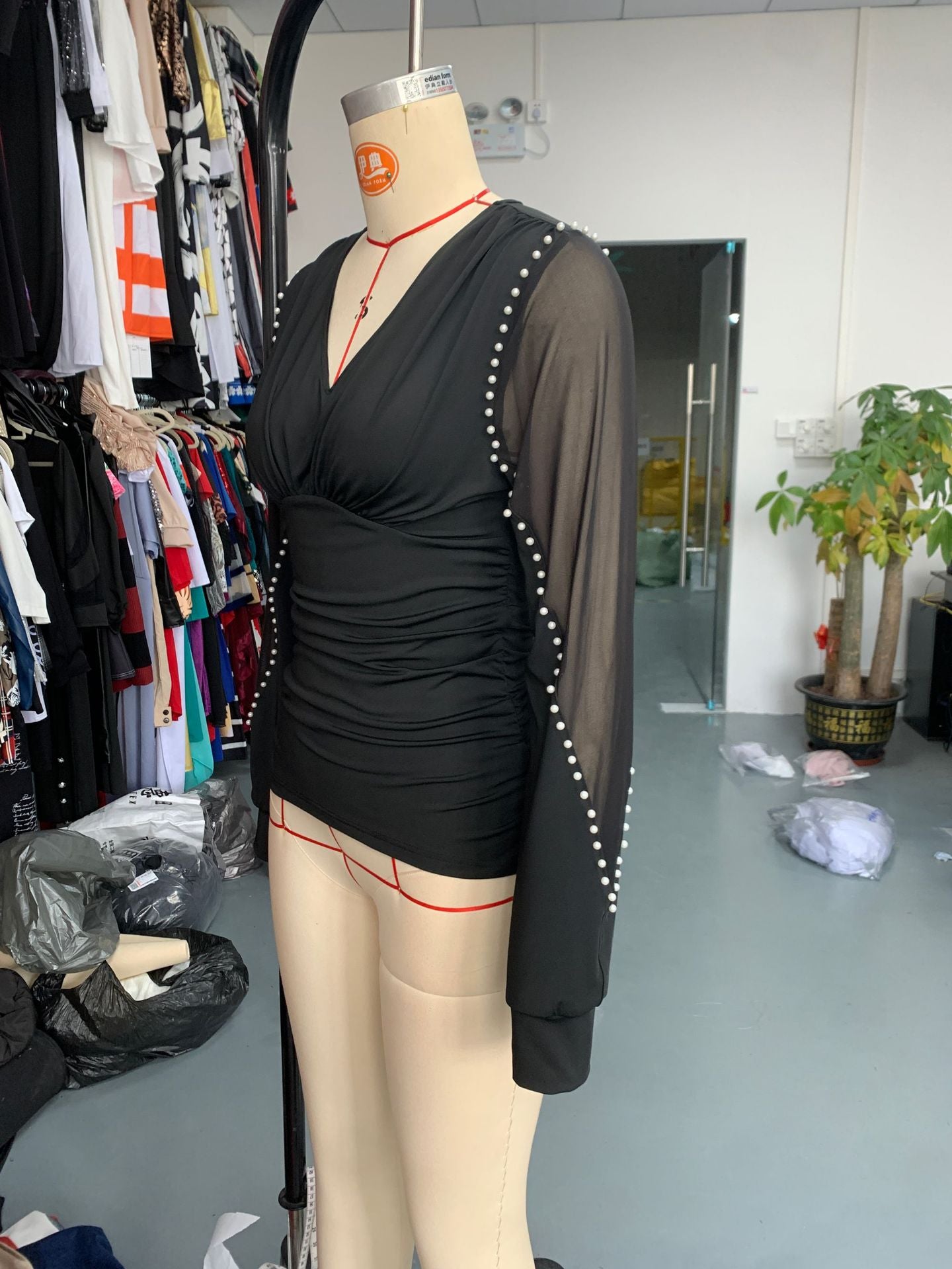 Women v-neck long sleeve Top Solid shirt 6