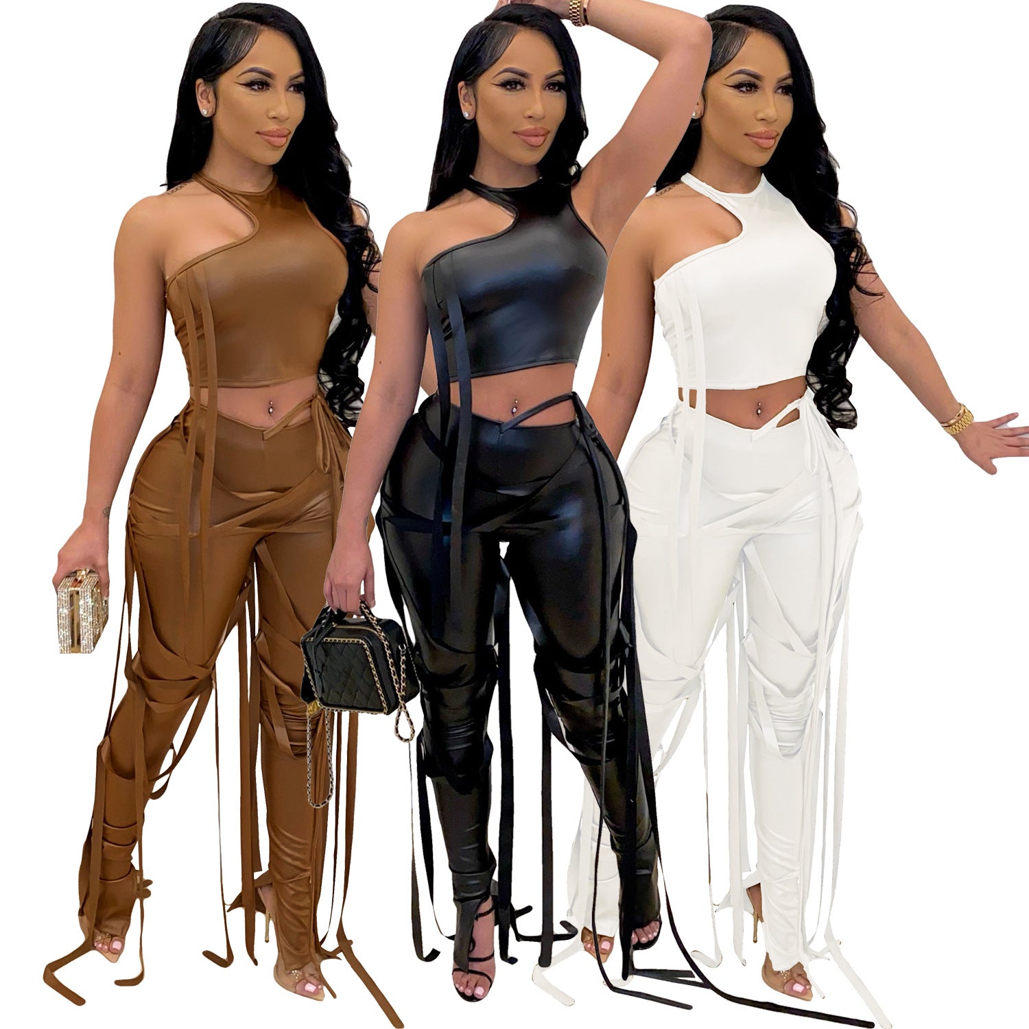 Women's Sexy Faux Leather Tank Top Lace-Up Pants Two Piece Nightclub Set 17
