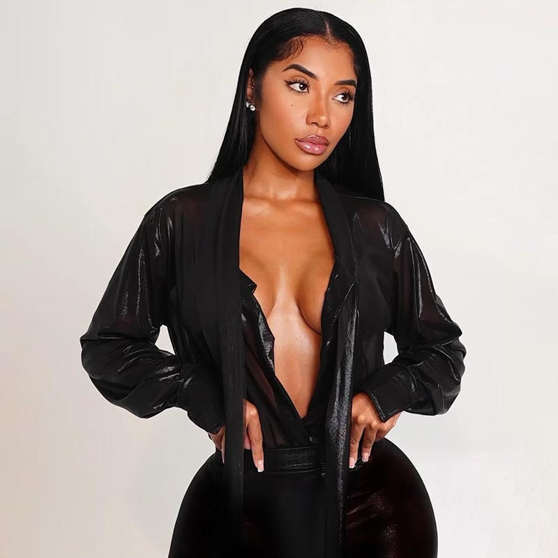 Women's Sexy Sheer Lace-Up Long Sleeve Top & Tight Fitting Bodycon Mini Skirt Two-Piece Set 6