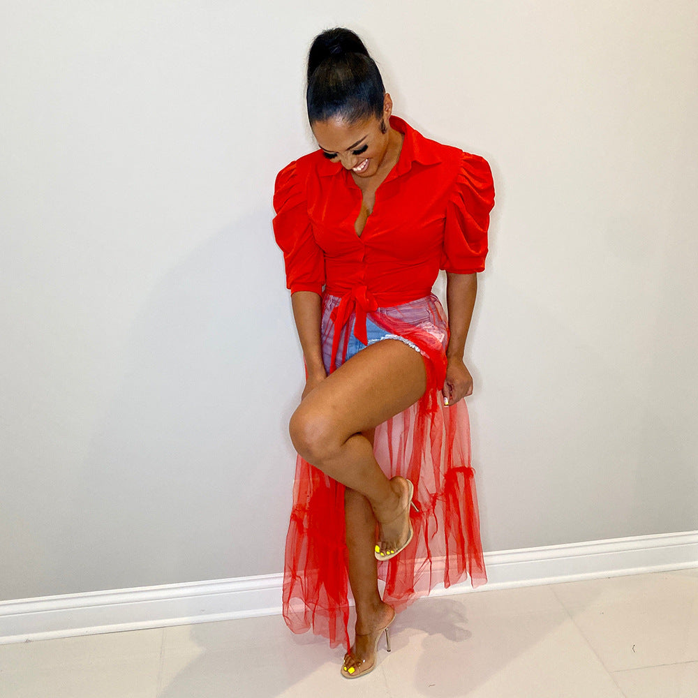 Women Sexy Turndown Collar Short Sleeve Lace-Up Shirt Mesh Patchwork Dress 6