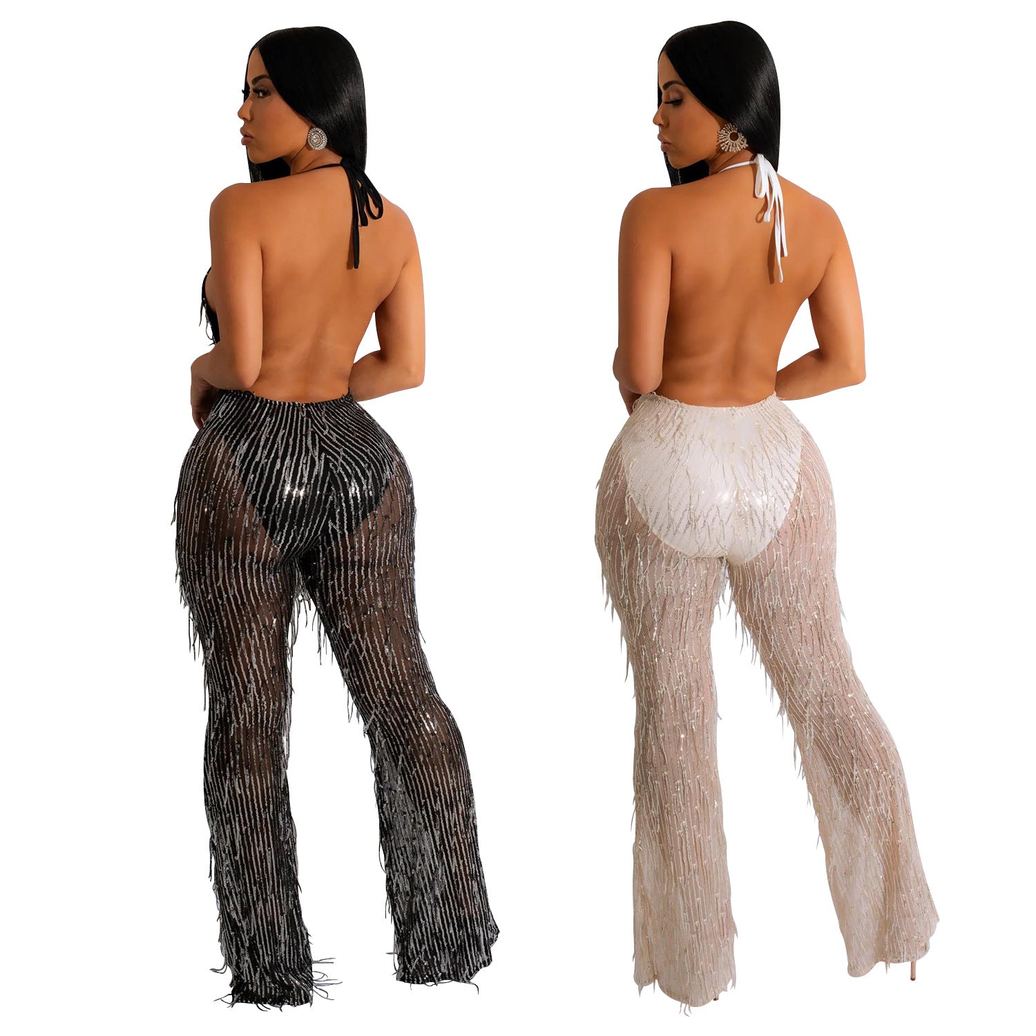 Women'S Fashion Sequined Tassel Mesh Halter Backless Nightclub Jumpsuit 7