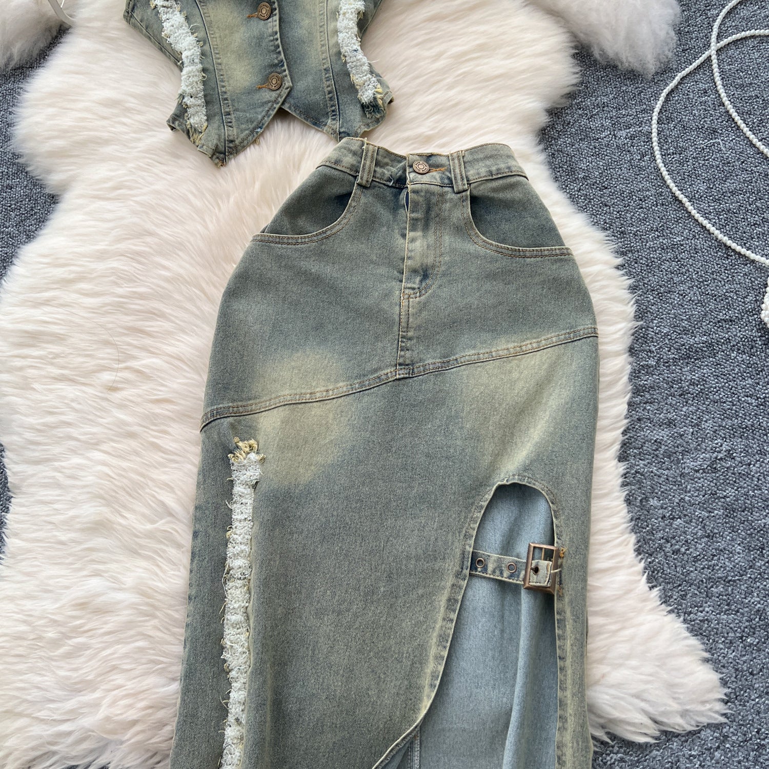 Turn Down Collar Distressed Denim Halter Top Slit Skirt Set 10
