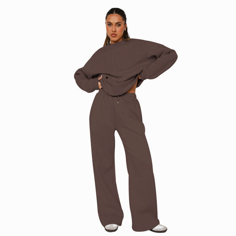 Women Solid long-sleeved Round Neck Top and wide-leg pants Two Piece Set 13