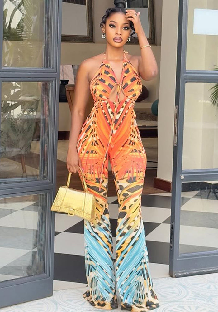 Women's Fashion Halter-Neck Low-Back Floral Print Flared Jumpsuit
