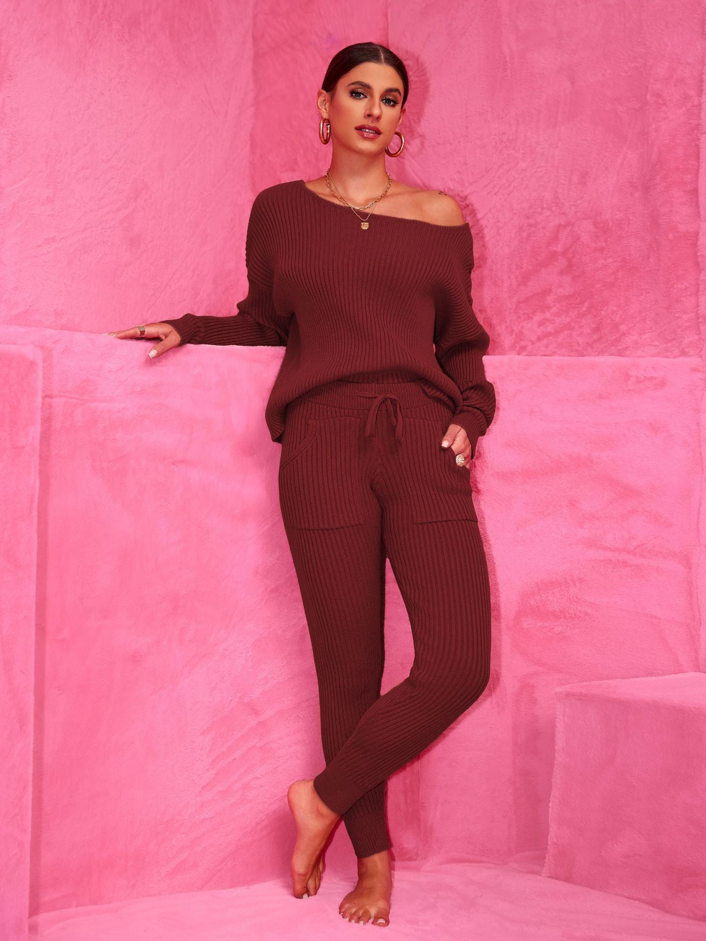 Autumn Winter Round Neck Long Sleeve Sweater Woolen Trousers Two Piece Set 7