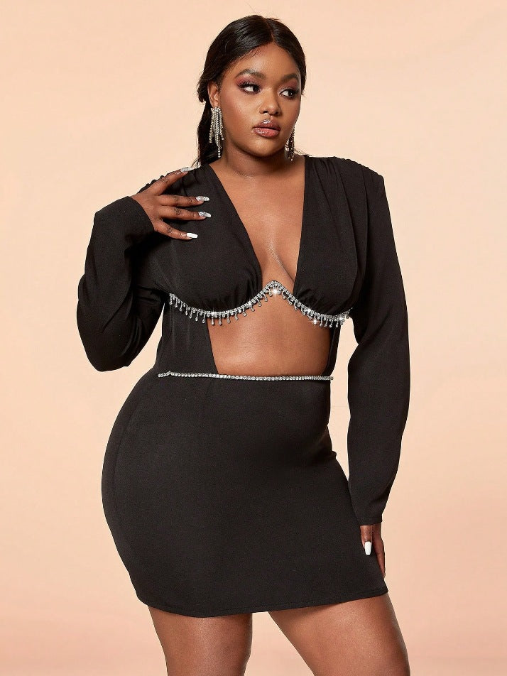 Plus Size Women Dress Hollow Design Diamond Chain Decoration Party Dress Cocktail Pleated Dress 4