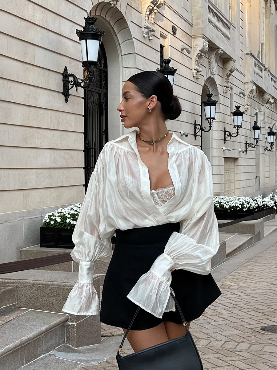 Satin Shirt Women's Lantern Long Sleeve Casual Tops 7